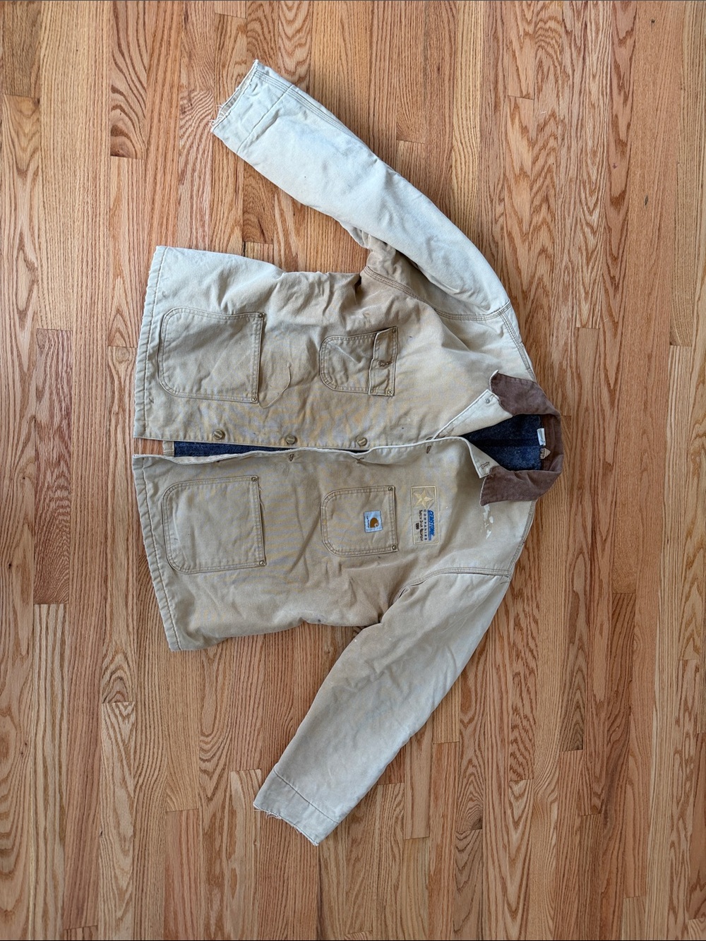 Carhartt Tan Sandstone Duck Work Jacket w Brown Corduroy Collar XL vintage 80’s